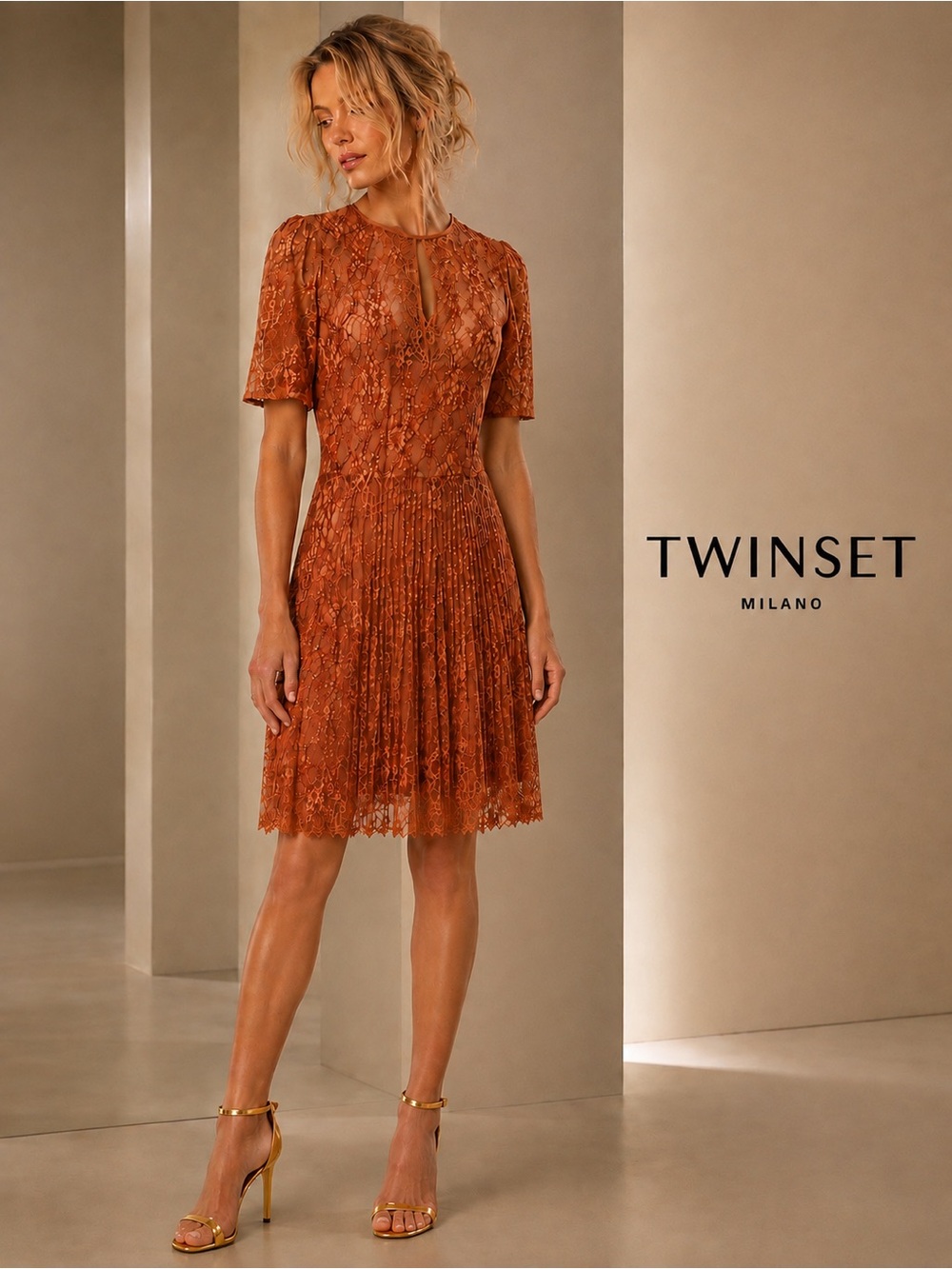 🌸TWINSET 🇮🇹Milano Lace Midi Dress with Pleated Skirt size L Preppy Classic